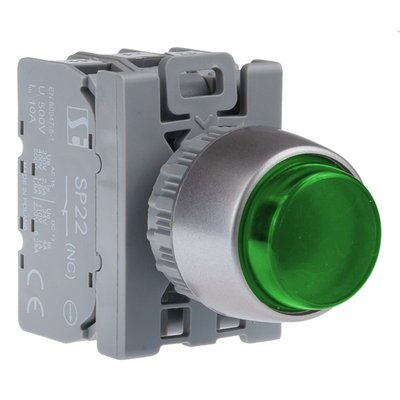Кнопка виступаюча врізна 22мм. з підсвіткою Зелений 1NO кільце захисне Spamel SP22-WLZ-10-230-LED/AC SP22-WLZ-10-230-LED/AC фото