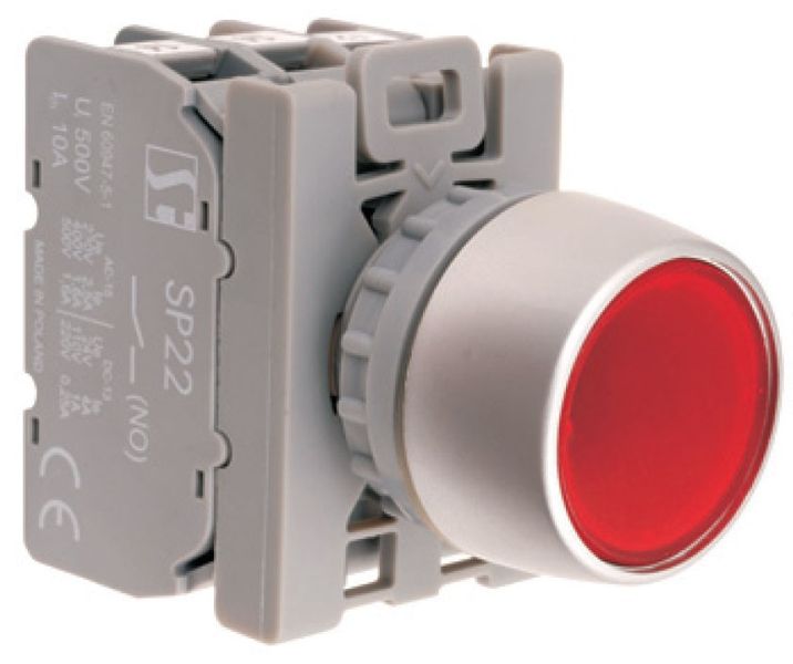 Кнопка врізна 22мм з підсвіткою BSP Червона 1 NO кільце захисне Spamel SP22-AKLC-10-24-LED/AC/DC SP22-AKLC-10-24-LED/AC/DC фото