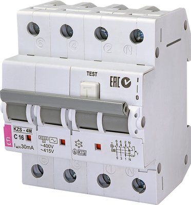 Дифференциальный автоматический выключатель ETI KZS-4M 3p+N C 16/0,03 тип AC (6kA) 2174024 2174024 фото