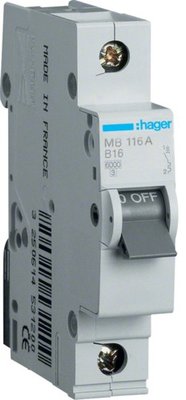 Автоматичний вимикач (Автомат) Hager MB116A, 16А, 1п, B, 6кА MB116A фото