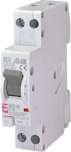 Дифференциальный автоматический выключатель ETI KZS-1M C 6/0,03 тип A (6kA) (нижнее подключение) 2175221 2175221 фото