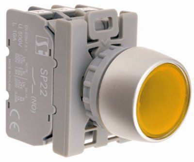 Кнопка врізна 22мм з підсвіткою Жовта 1 NO. кільце захисне Spamel SP22-KLG-10-230-BA9S/. SP22-KLG-10-230-BA9S фото